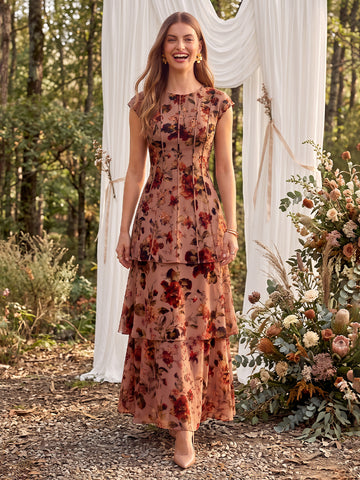 Floral Print Midi Wedding Guest Dresses Chiffon Cap Sleeve Round Neck Tiered