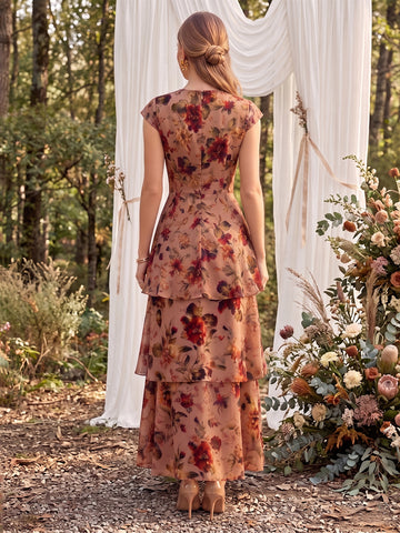 Floral Print Midi Wedding Guest Dresses Chiffon Cap Sleeve Round Neck Tiered