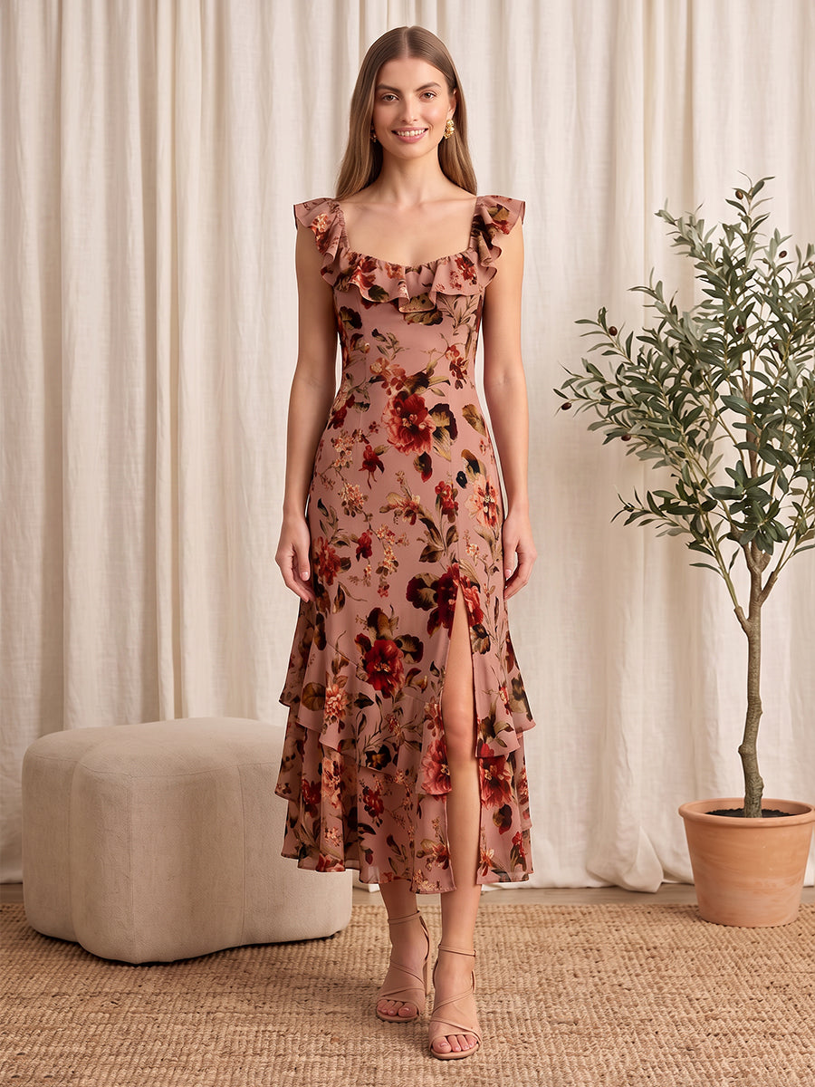 Floral Print Midi Wedding Guest Dresses Nude Chiffon Ruffles Square Neck with Slit