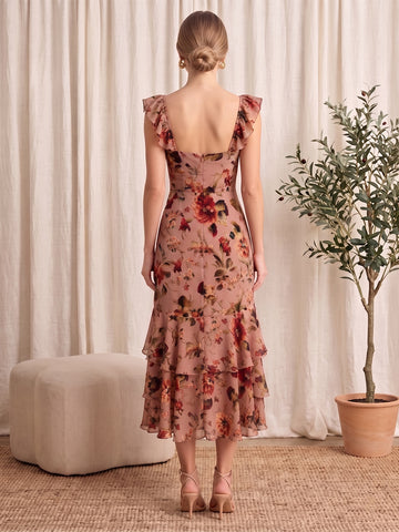 Floral Print Midi Wedding Guest Dresses Nude Chiffon Ruffles Square Neck with Slit