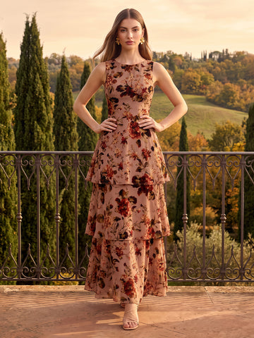 Floral Print Midi Wedding Guest Dresses Nude Chiffon Round Neck Tiered
