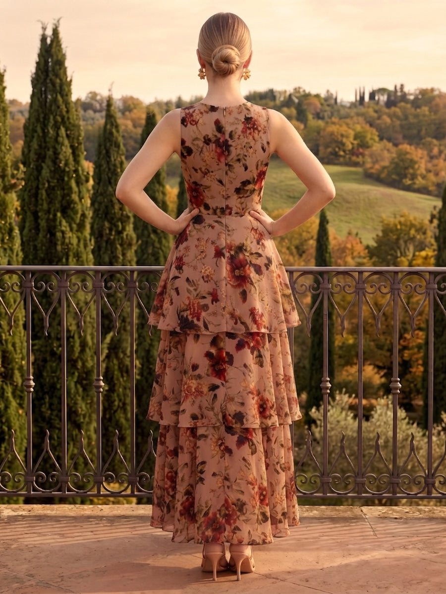 Floral Print Midi Wedding Guest Dresses Nude Chiffon Round Neck Tiered