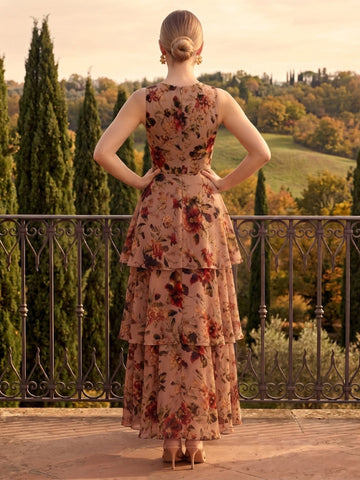 Floral Print Midi Wedding Guest Dresses Nude Chiffon Round Neck Tiered