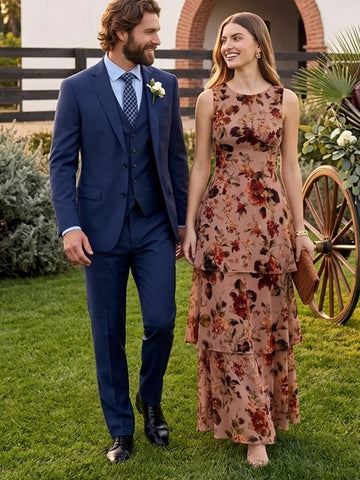Floral Print Midi Wedding Guest Dresses Nude Chiffon Round Neck Tiered