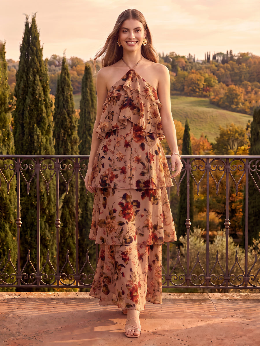 Floral Print Midi Wedding Guest Dresses Nude Chiffon Tiered Ruffles Halter