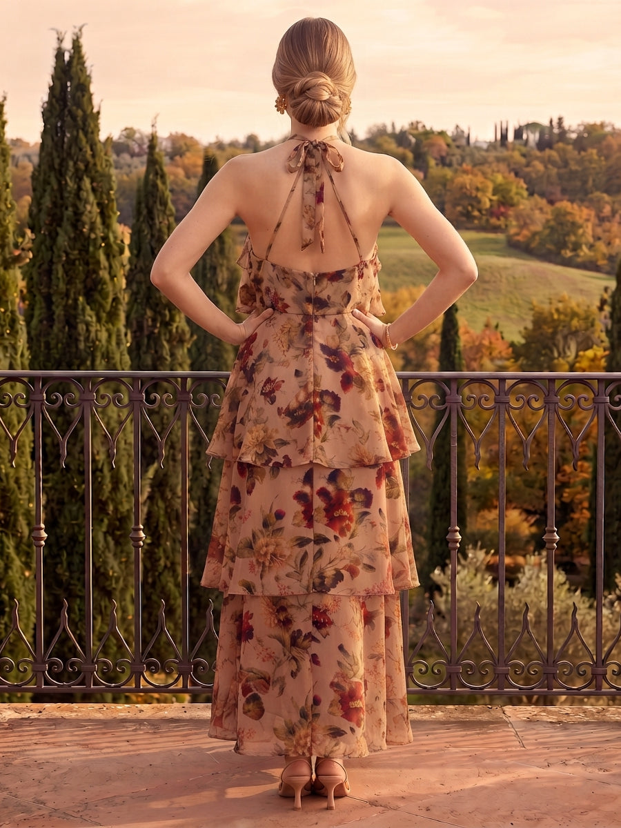 Floral Print Midi Wedding Guest Dresses Nude Chiffon Tiered Ruffles Halter