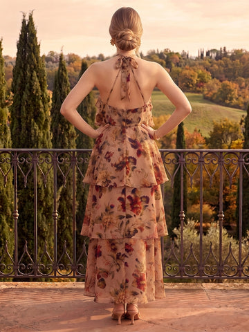 Floral Print Midi Wedding Guest Dresses Nude Chiffon Tiered Ruffles Halter