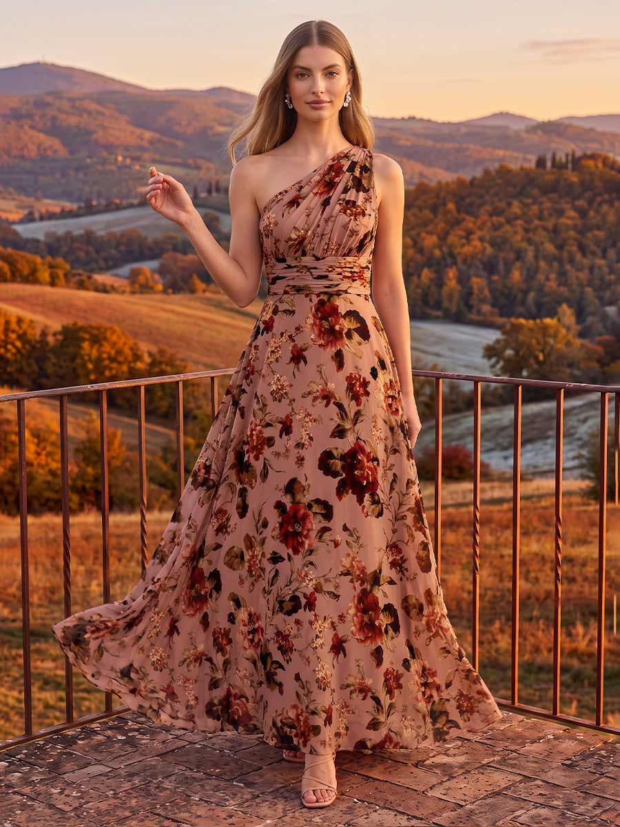 One Shoulder Long Wedding Guest Dresses Nude Chiffon Ruched Floral Print