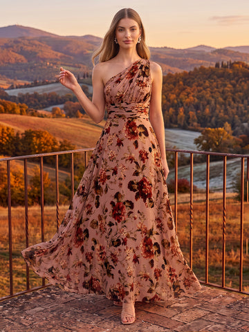 One Shoulder Long Wedding Guest Dresses Nude Chiffon Ruched Floral Print
