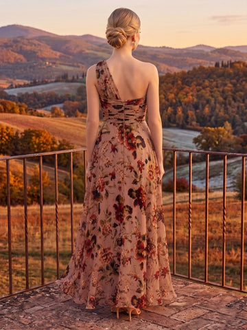 One Shoulder Long Wedding Guest Dresses Nude Chiffon Ruched Floral Print
