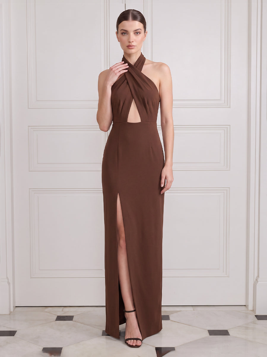 Mermaid Long Wedding Guest Dresses Brown Satin Halter Cutout with Slit