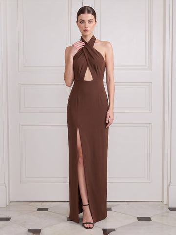 Mermaid Long Wedding Guest Dresses Brown Satin Halter Cutout with Slit