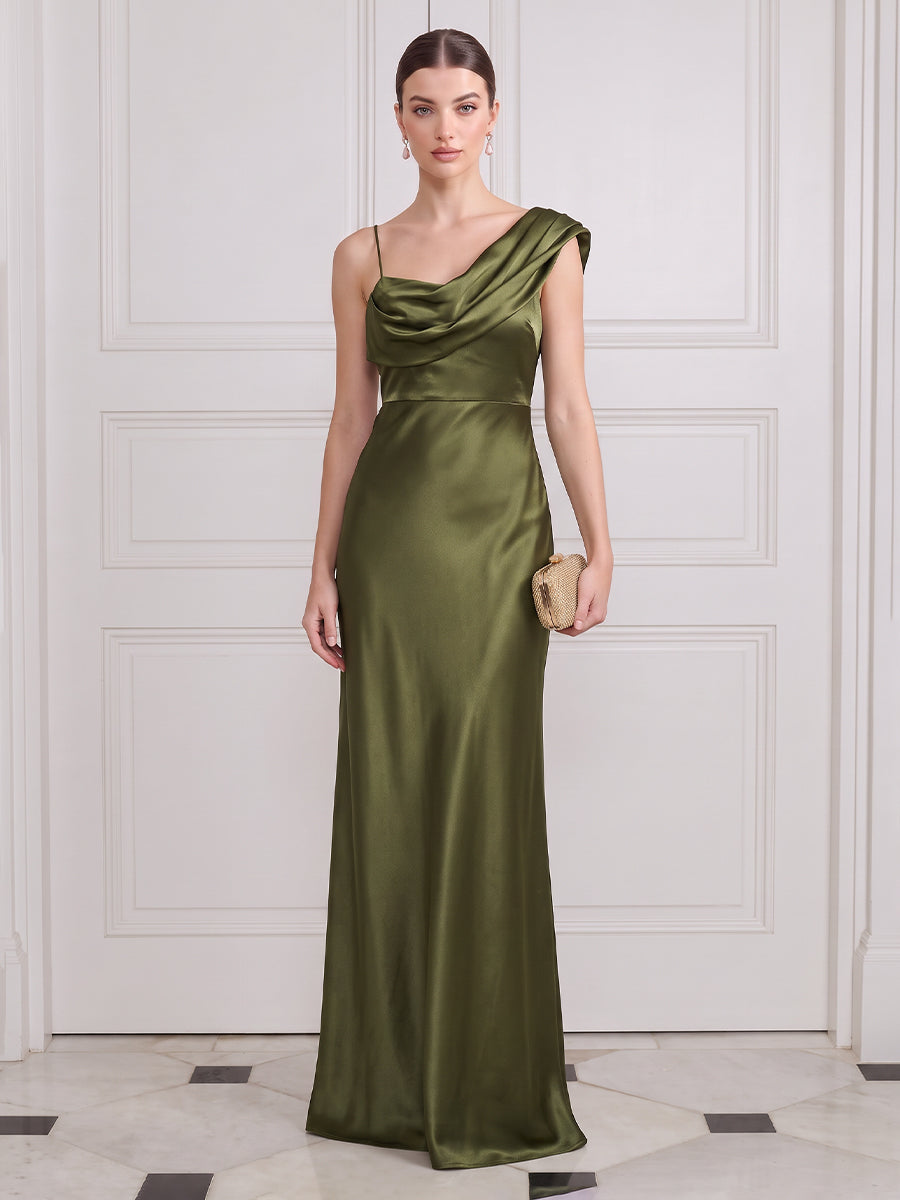 Mermaid Long Wedding Guest Dresses Olive Green Satin One Shoulder