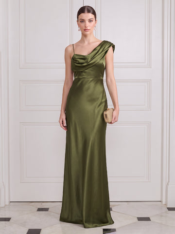 Mermaid Long Wedding Guest Dresses Olive Green Satin One Shoulder