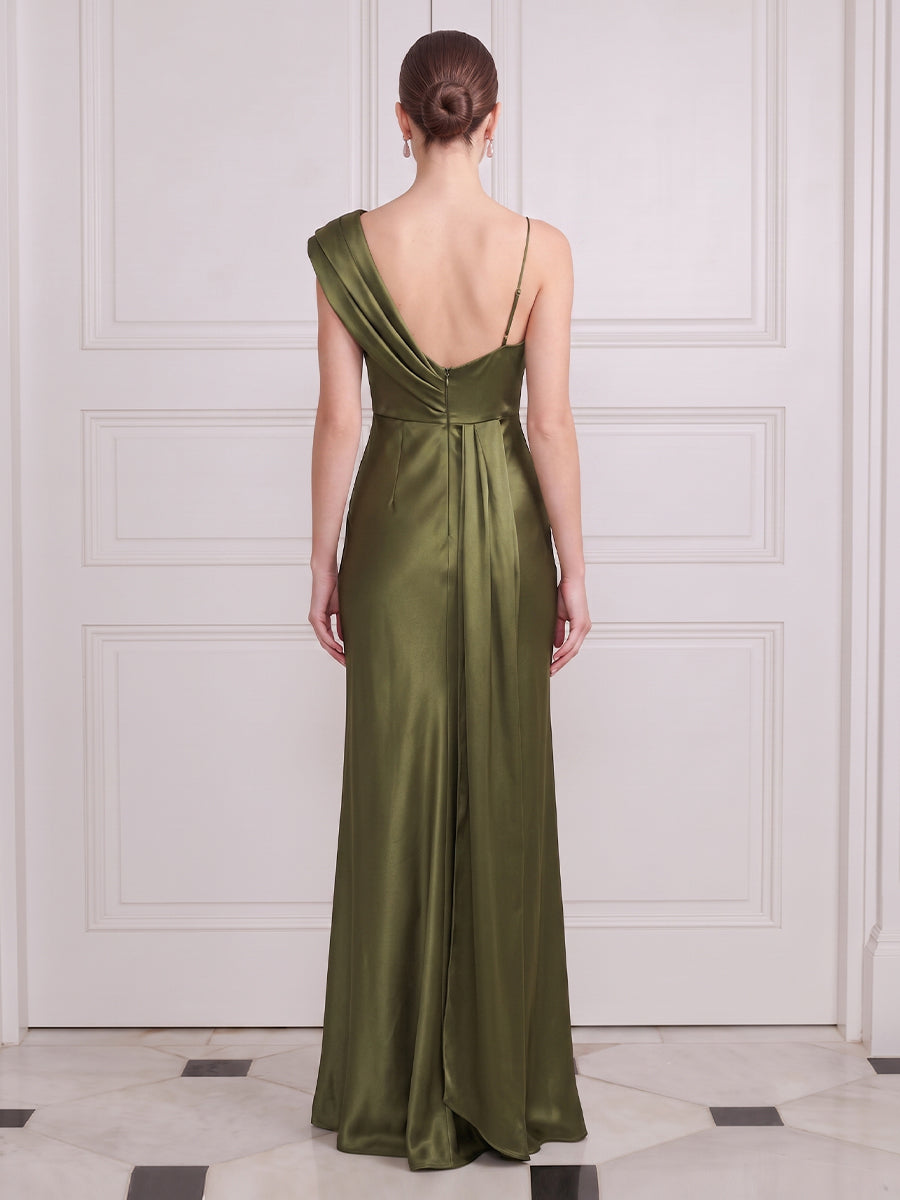 Mermaid Long Wedding Guest Dresses Olive Green Satin One Shoulder