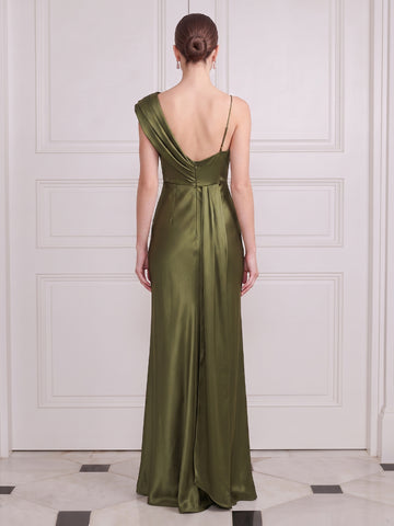 Mermaid Long Wedding Guest Dresses Olive Green Satin One Shoulder