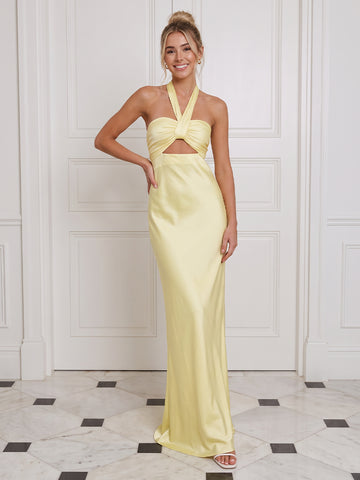 Mermaid Long Wedding Guest Dresses Yellow Satin Halter Cutout