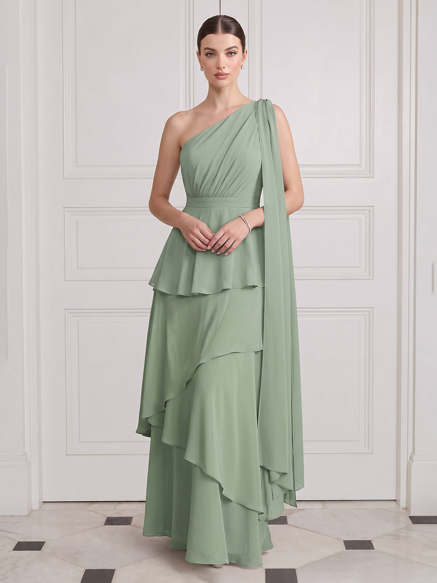 One Shoulder Long Wedding Guest Dresses Sage Tiered Ruffles with Cape Sleeves