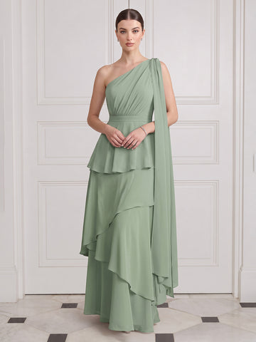 One Shoulder Long Wedding Guest Dresses Sage Tiered Ruffles with Cape Sleeves