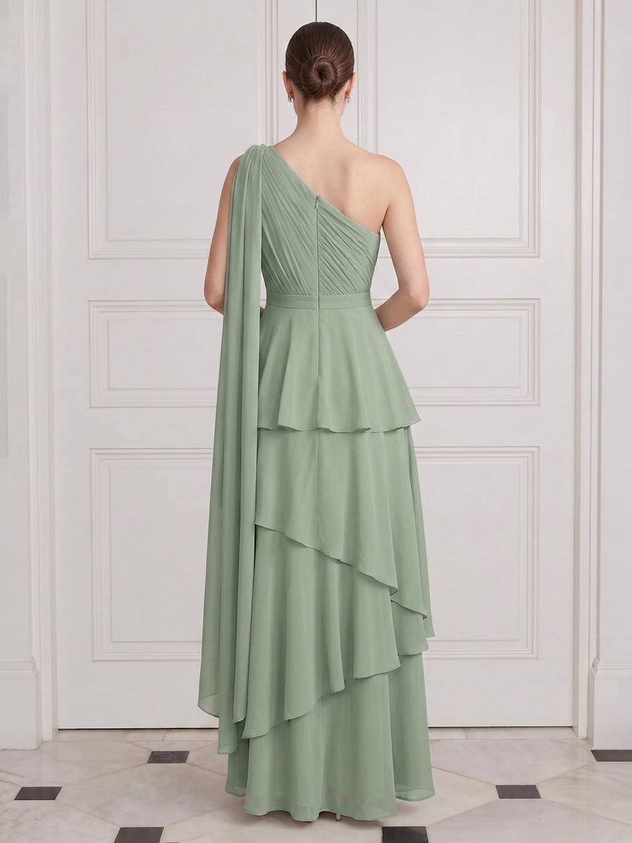 One Shoulder Long Wedding Guest Dresses Sage Tiered Ruffles with Cape Sleeves