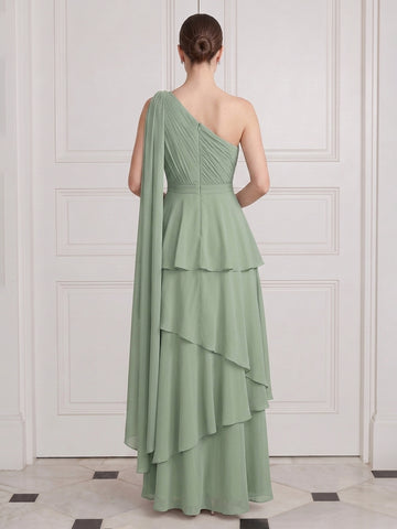 One Shoulder Long Wedding Guest Dresses Sage Tiered Ruffles with Cape Sleeves