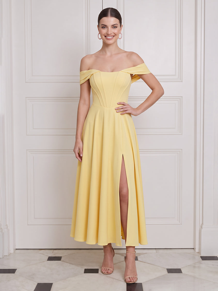 Off Shoulder Midi Wedding Guest Dresses Yellow with Slit Corset