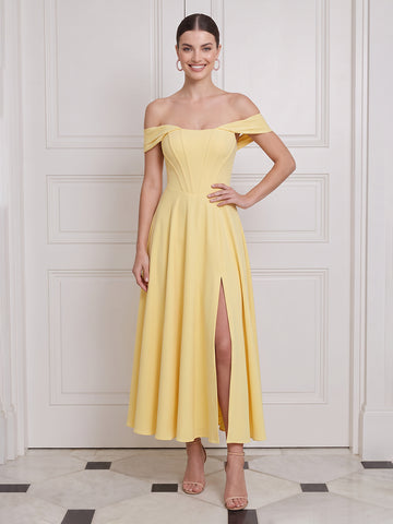 Off Shoulder Midi Wedding Guest Dresses Yellow with Slit Corset