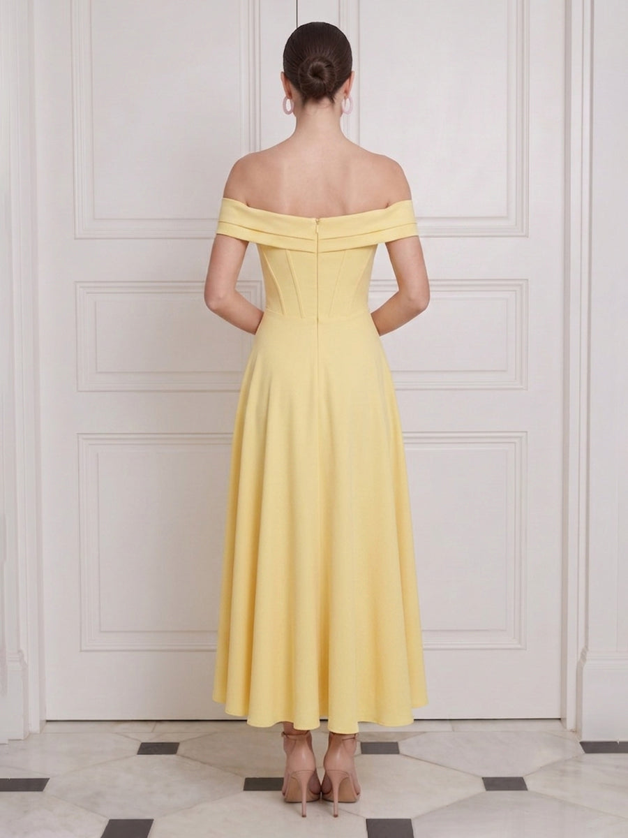 Off Shoulder Midi Wedding Guest Dresses Yellow with Slit Corset