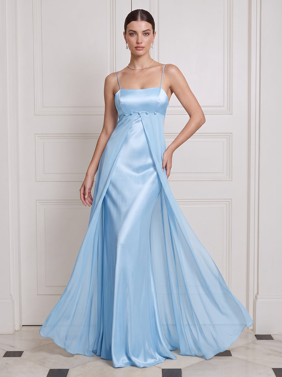 Light Blue Satin Wedding Guest Dresses Mermaid Spaghetti Strap Empire Waist
