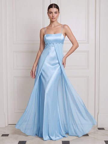 Light Blue Satin Wedding Guest Dresses Mermaid Spaghetti Strap Empire Waist