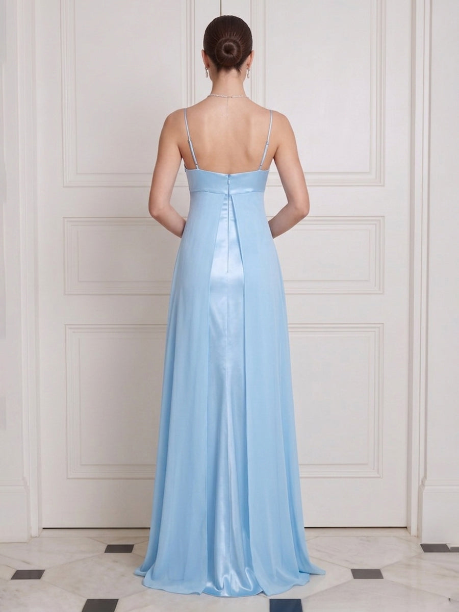 Light Blue Satin Wedding Guest Dresses Mermaid Spaghetti Strap Empire Waist