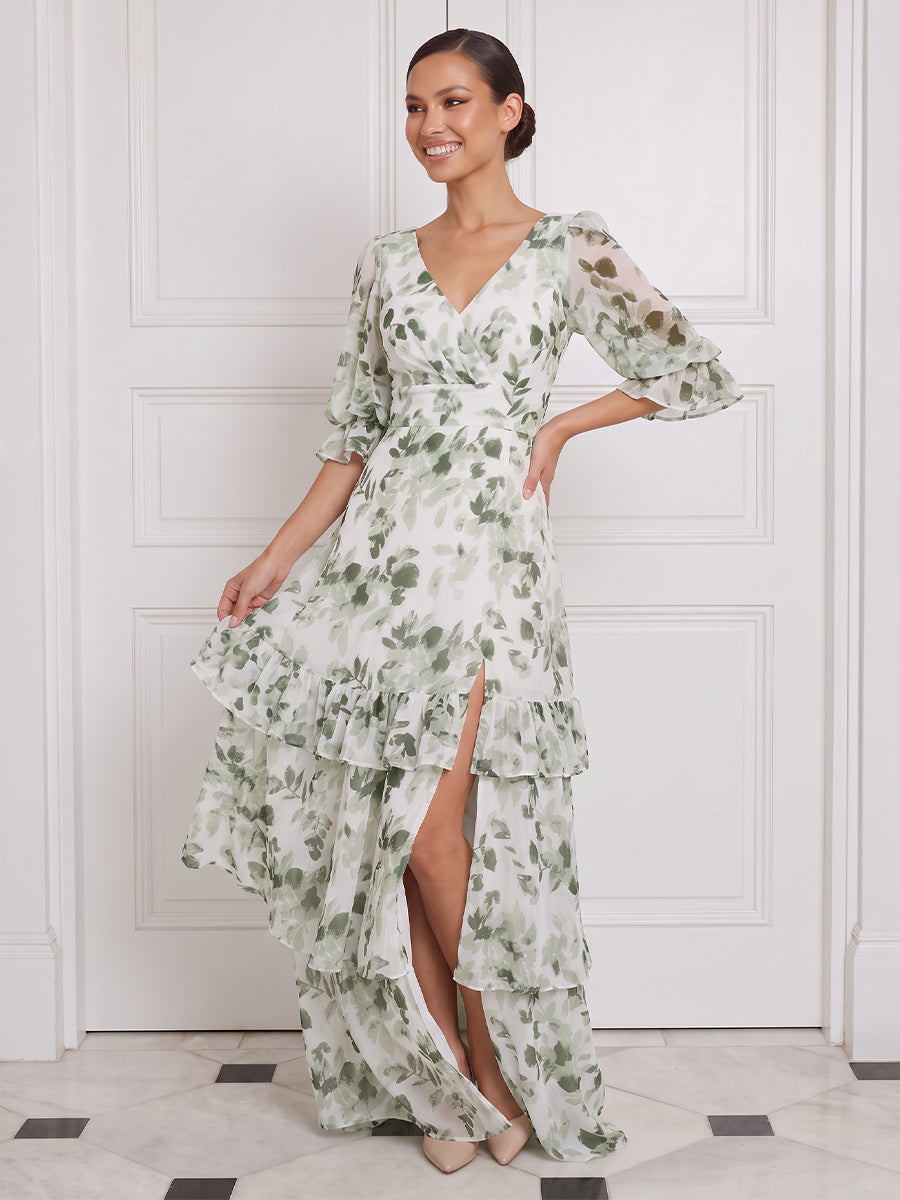 Tiered High Slit Wedding Guest Dresses Green Floral Chiffon V Neck Ruffle Sleeve