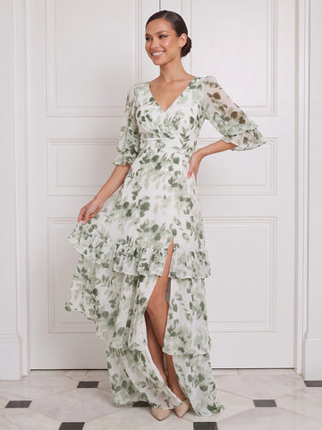Tiered High Slit Wedding Guest Dresses Green Floral Chiffon V Neck Ruffle Sleeve