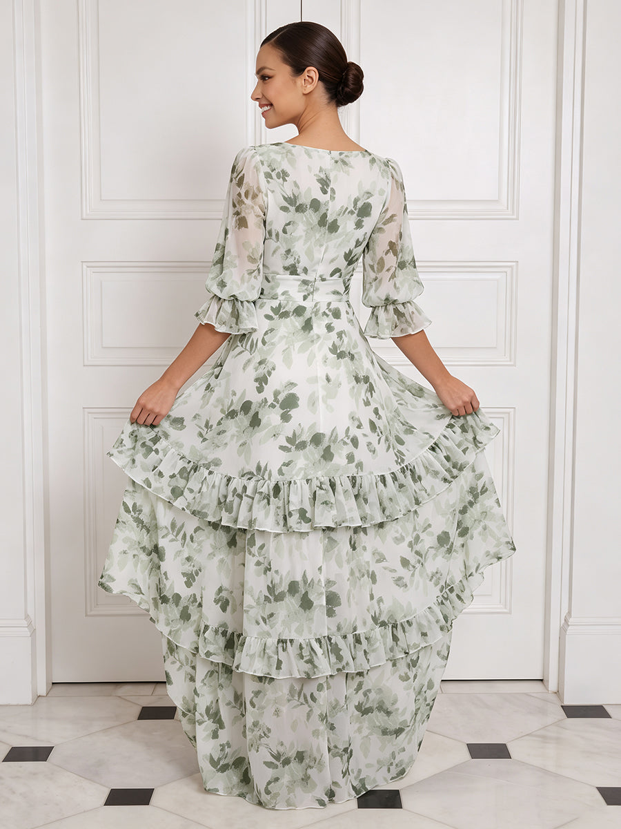 Tiered High Slit Wedding Guest Dresses Green Floral Chiffon V Neck Ruffle Sleeve