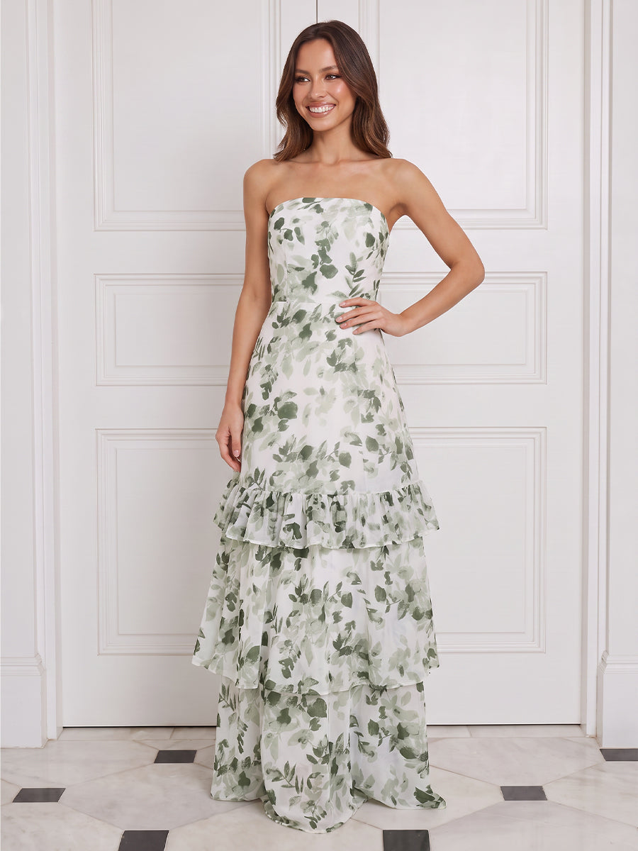 Tiered Wedding Guest Dresses Green Floral Chiffon Strapless A Line