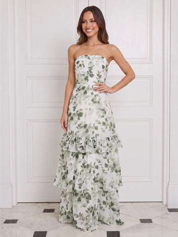 Tiered Wedding Guest Dresses Green Floral Chiffon Strapless A Line