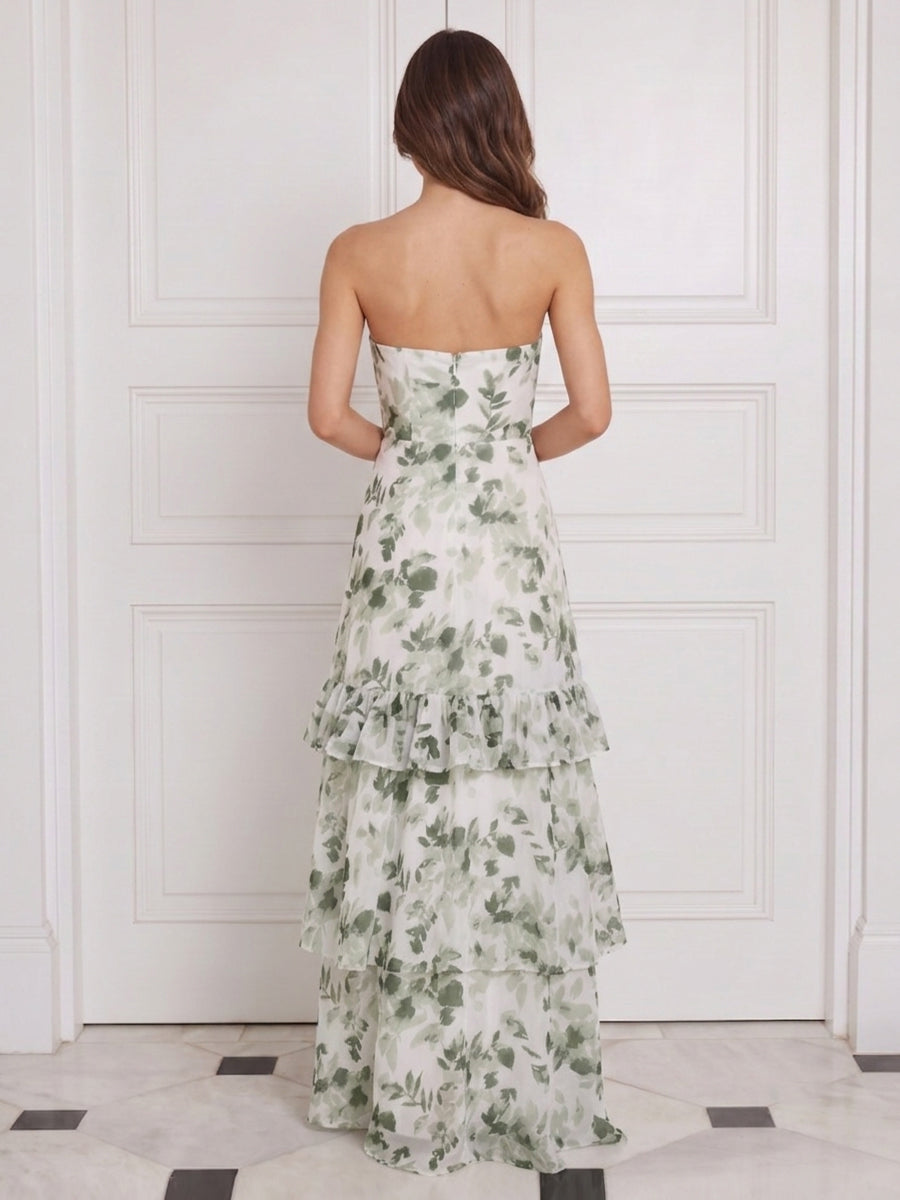 Tiered Wedding Guest Dresses Green Floral Chiffon Strapless A Line