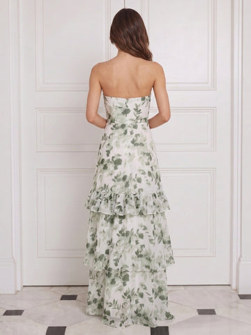 Tiered Wedding Guest Dresses Green Floral Chiffon Strapless A Line