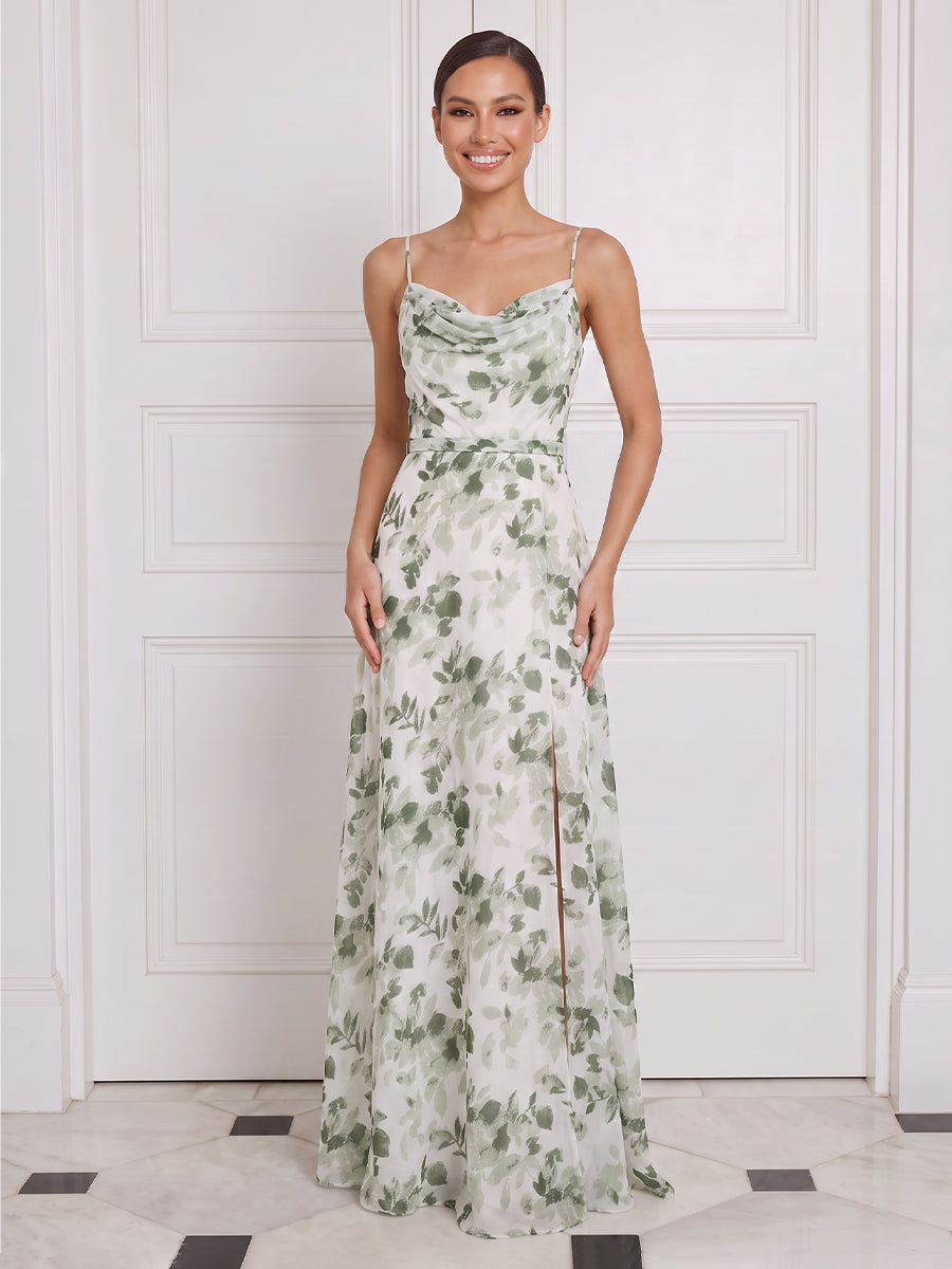 A Line Wedding Guest Dresses Green Floral Chiffon Cowl Neck with Slit