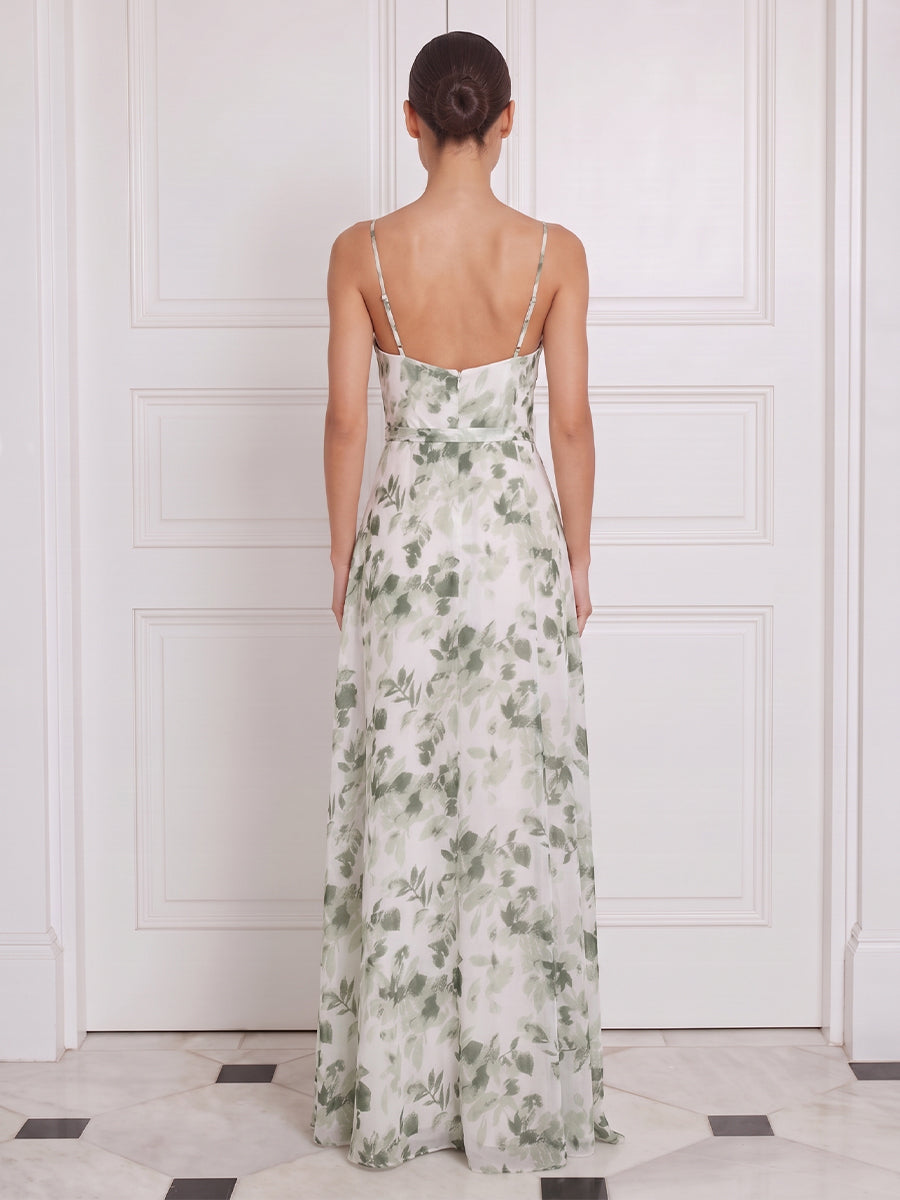 A Line Wedding Guest Dresses Green Floral Chiffon Cowl Neck with Slit