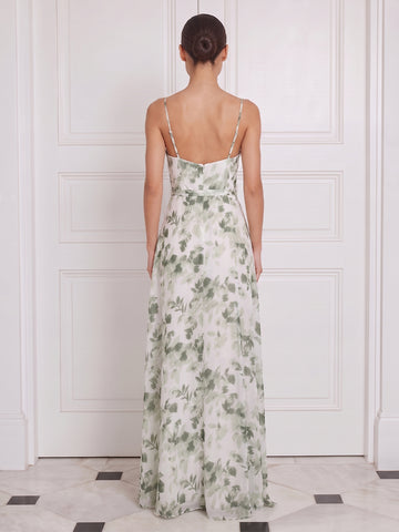 A Line Wedding Guest Dresses Green Floral Chiffon Cowl Neck with Slit