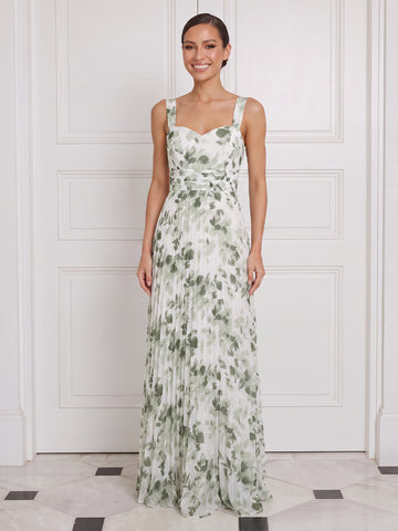 A Line Long Wedding Guest Dresses Pleated Green Floral Chiffon Sweetheart Neck