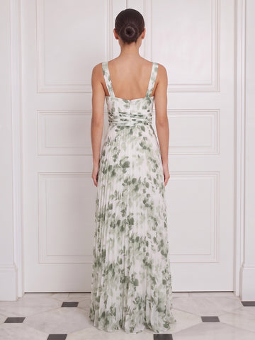 A Line Long Wedding Guest Dresses Pleated Green Floral Chiffon Sweetheart Neck