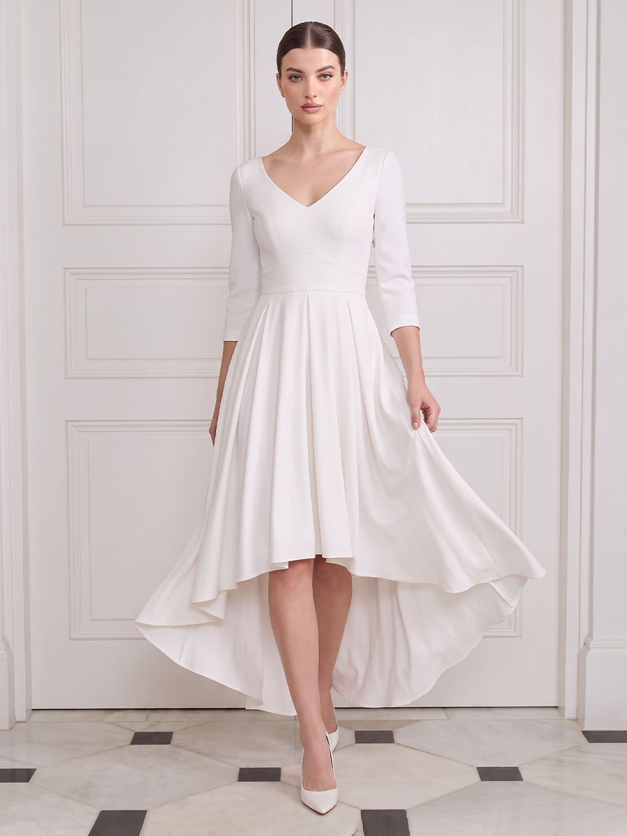 A Line Wedding Guest Dresses Midi Satin V Neck Half Sleeves White