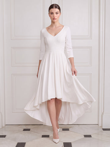 A Line Wedding Guest Dresses Midi Satin V Neck Half Sleeves White