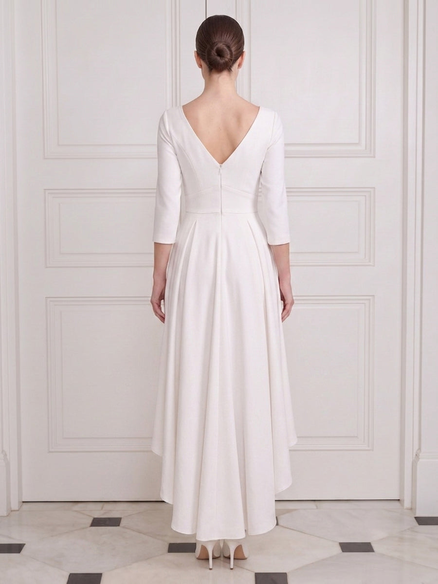 A Line Wedding Guest Dresses Midi Satin V Neck Half Sleeves White