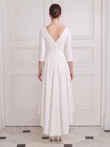 A Line Wedding Guest Dresses Midi Satin V Neck Half Sleeves White
