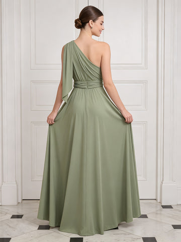 One Shoulder Wedding Guest Dresses Sage Ruched Chiffon A Line