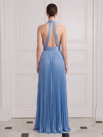 V Neck A Line Wedding Guest Dresses Ocean Blue Pleated with Slit