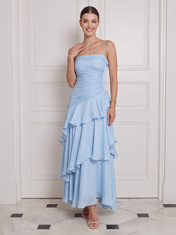 A Line Midi Wedding Guest Dresses Spaghetti Straps Tiered Ruffles Light Blue